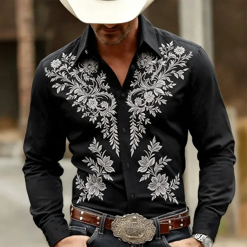 Men's Long Sleeve Rose Floral Print Shirt, Retro Flower Blouse For Club Dating Daily Wear