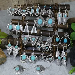 Vintage Ethnic Blue Acrylic Bead Geometric Dangle Earrings for Women Boho Vacation Style Silver Color Metal Earrings Jewelry