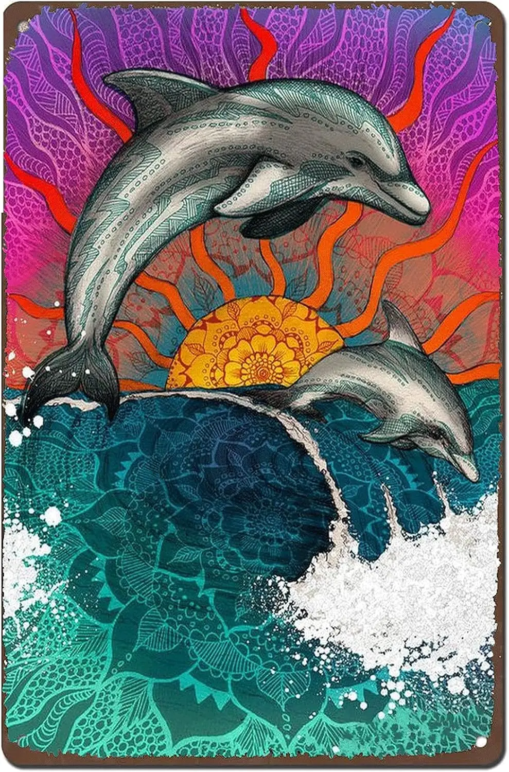 Neuartige Metallschilder mit Surfing-Delfin-Sonnenuntergang-Motiv, Retro-Kunst-Blechschilder, Wanddekoration für Zuhause, Bars, Strandclubs, Garagen