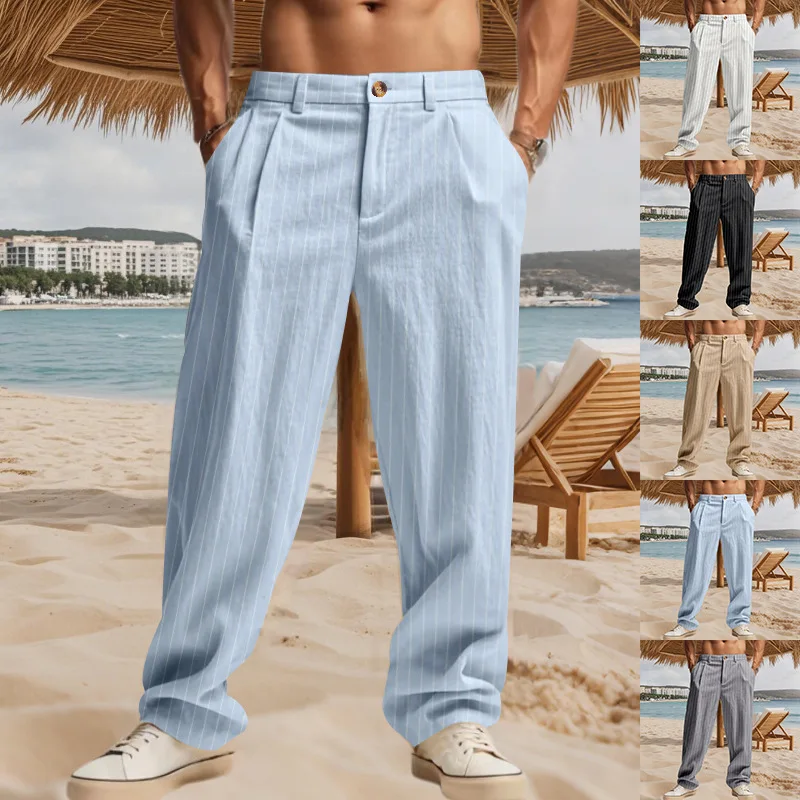 

2025 Spring and Autumn New Men's Pants Simple Striped Straight Pants High Waist Loose Floor-Length Pants Casual Suit Pants Men