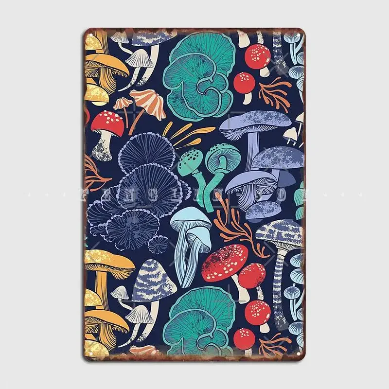 Mystical Fungi Midnight Blue Background Multicoloured Wild Mushrooms Metal Sign Bar Cave Painting Décor Tin Sign Posters