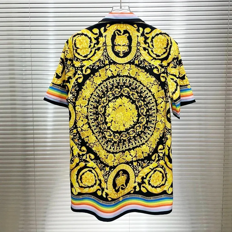 Men's High Quality Luxury Royal Short Sleeve Casual Summer Striped Side Floral Print Paisley Social Shirt Fast Shipping