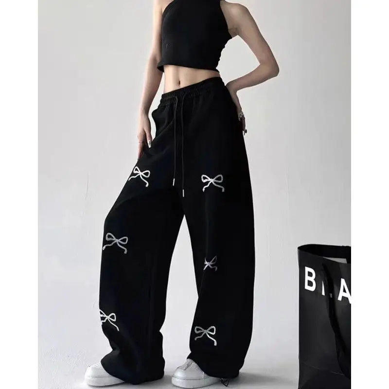 الرجعية عالية الخصر Sweatpants غير رسمية ربطة القوس فيونكة طباعة واسعة الساق السراويل الإناث الرباط السراويل Widcasual الهيب هوب الرقص الشارع الشهير