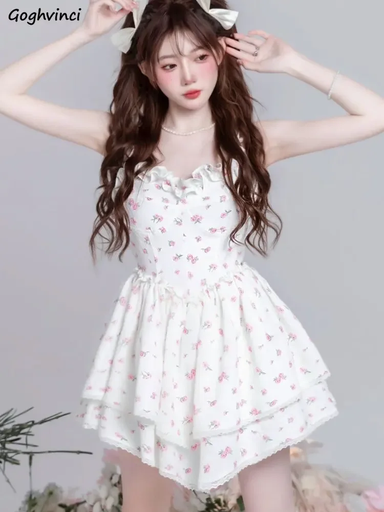 Mini vestido floral feminino, princesa, projetado em camadas, estético, estilo coreano, império, estudantes, casual, novo, verão