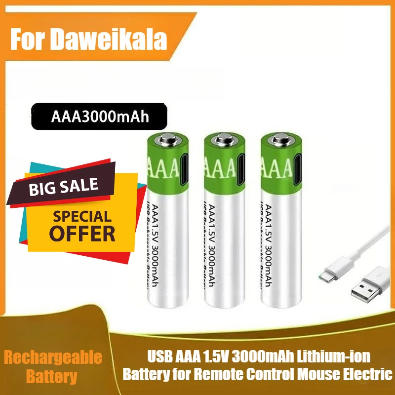 

For Daweikala USB AAA Rechargeable Battery 1.5V 3000mAh Lithium-ion Battery for Remote Control Mouse Electric