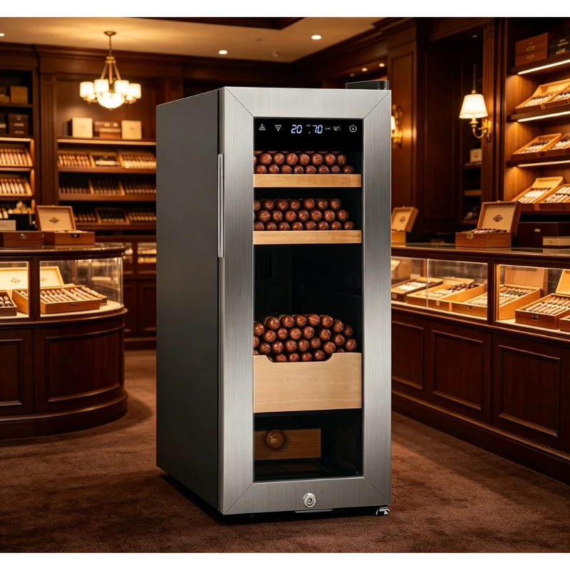 35L Electric Cigar Humidor Cabinet Holds 200 Cigars Double UV Protection Stainless Steel Door with Precise Temperature Humidity