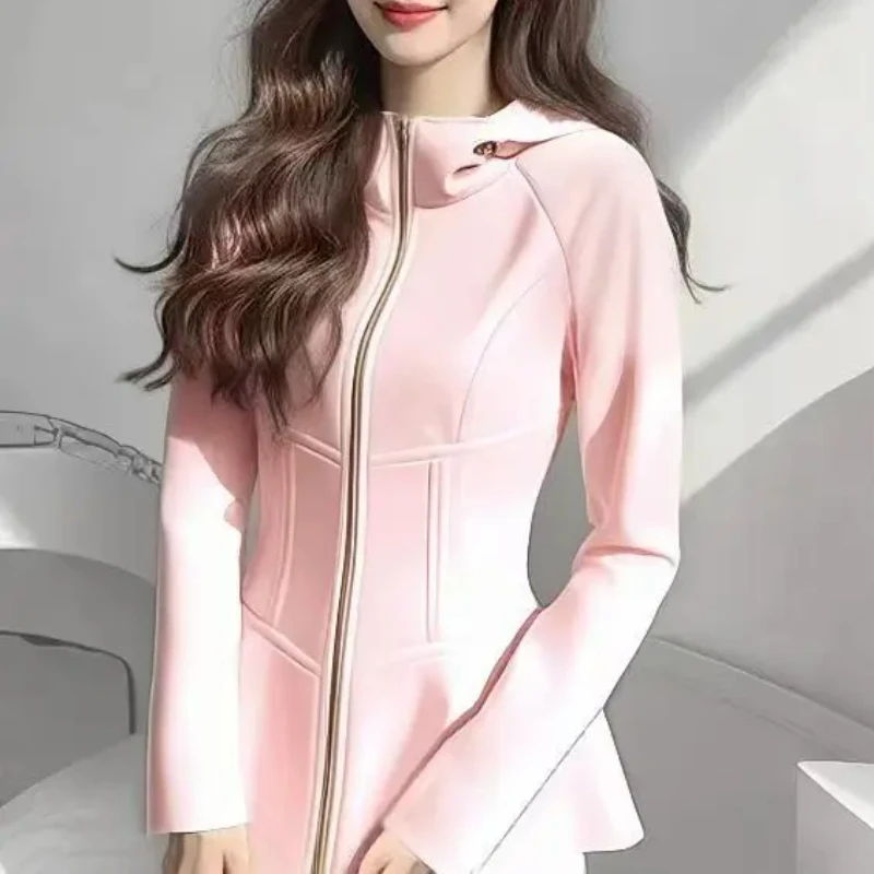Korean Fashion New Hooded Short Tops Zipper Long Sleeve Pink Vintage Hoodie Coat Jackets for Women Sports 2025 Spring Autumn