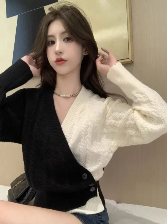 

Thiened V-Ne вязаный свитер с крестом, женский ранний весенний черный цвет, блузка белого цвета, модный корейский теплый шерстяной топ