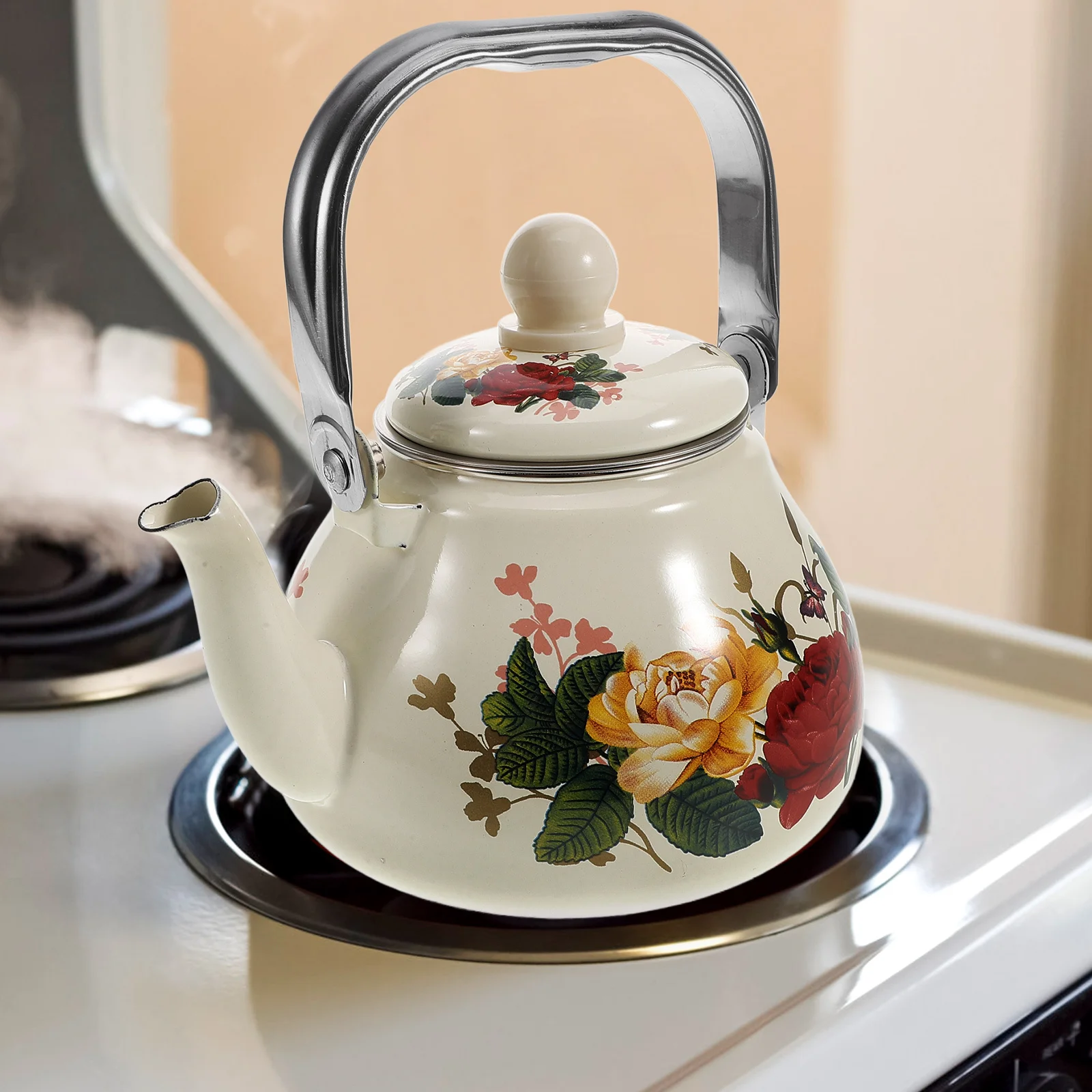 

1L Enamel Tea Kettle Vintage Floral Stovetop Use Easy to Clean Enamel Kettle Enameled Teapot Tea Kettles Stovetop