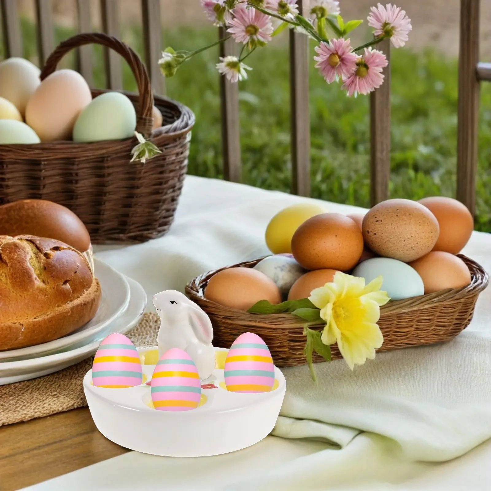 Easter Ceramic Bunny Egg Holder Tray Deviled Egg Platter Dishwasher Safe Kitchen Serving Decor