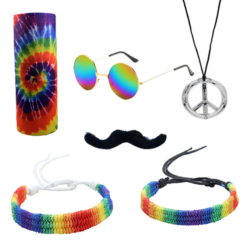 PESENAR Hippie Pruik Zonnebril Vredesteken Ketting Tie Dye Hoofdbanden, Jaren '70 Disco Stijl Jaren '60 Outfit Fancy Dress Retro Nacht