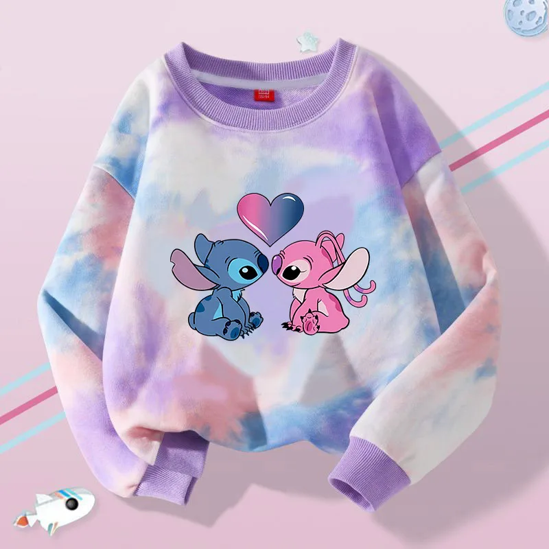 Stitch Kids Sweatshirts Trendy Tie-dye Angel Girl Long Sleeves Pullover Tops Autumn Winter Cartoon Child Clothes Birthday Gifts