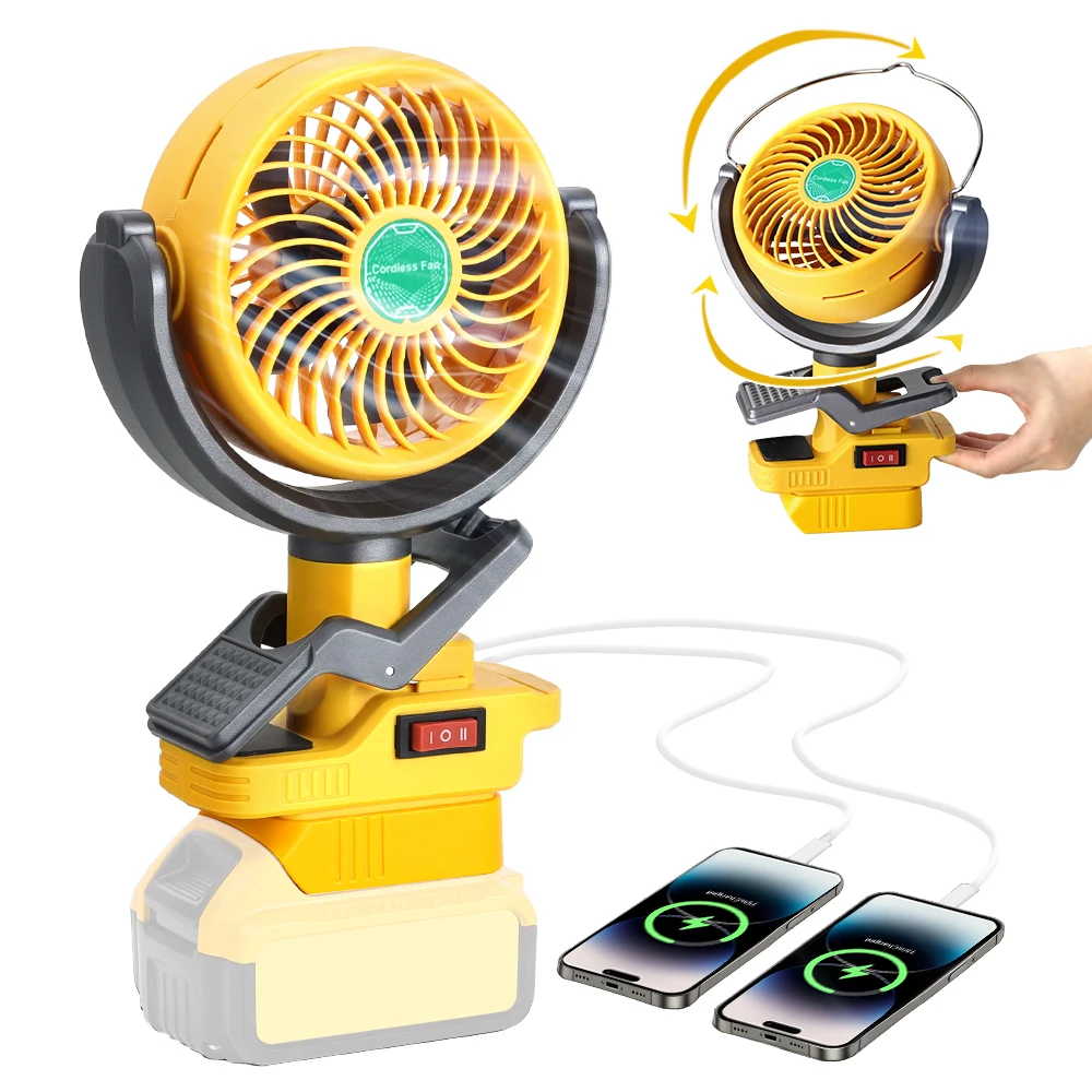 

Portable Clip Fan for Dewalt 20V Battery, Oscillating Battery Powered Fan with Dual USB C harging for Camping,Picnic and Job Sit