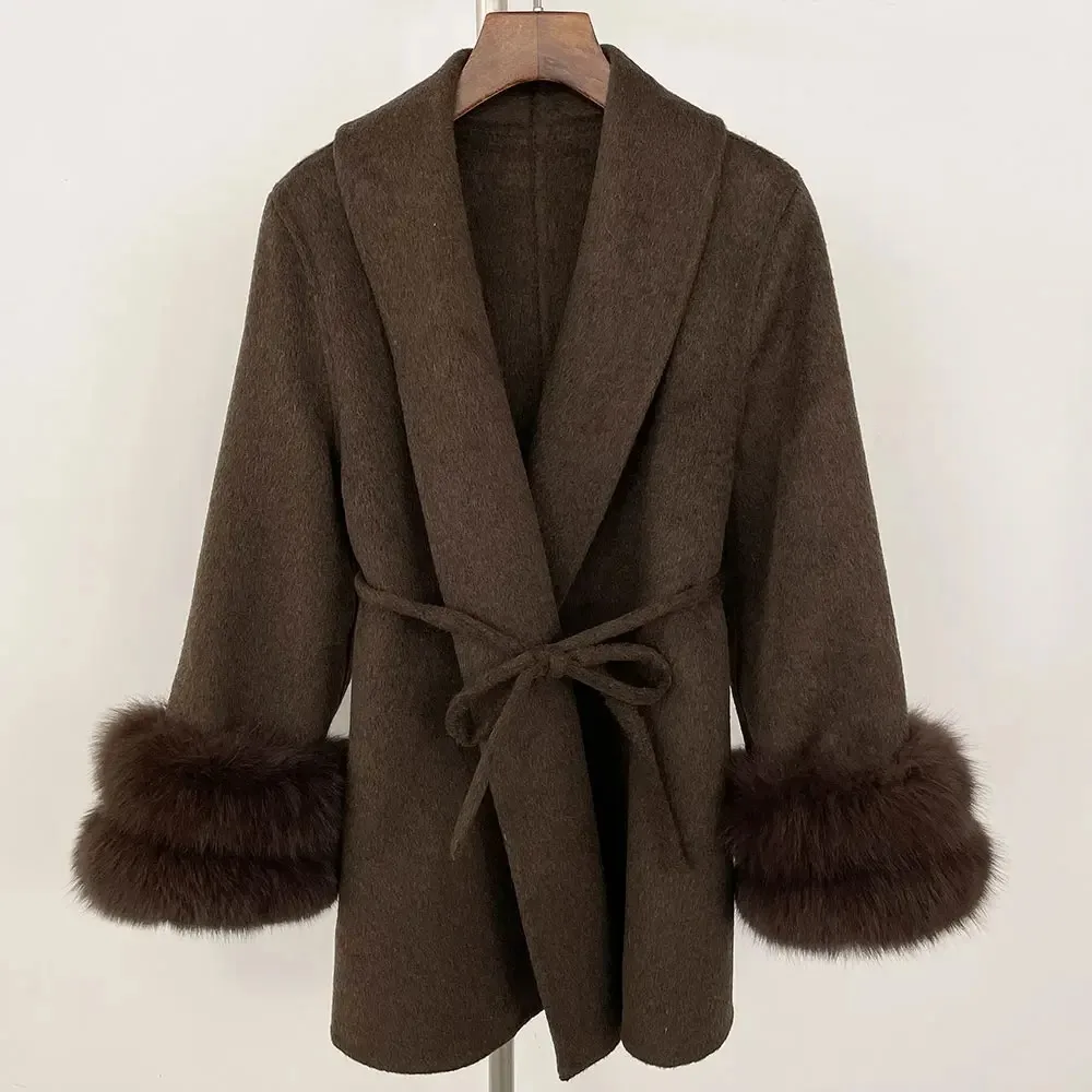 OFTBUY Real Fur Jacket Women Patchwork Fashion Furry Bandage Outwear Clothing Long Sleeve Spring Autumn Temperament Wool Coat