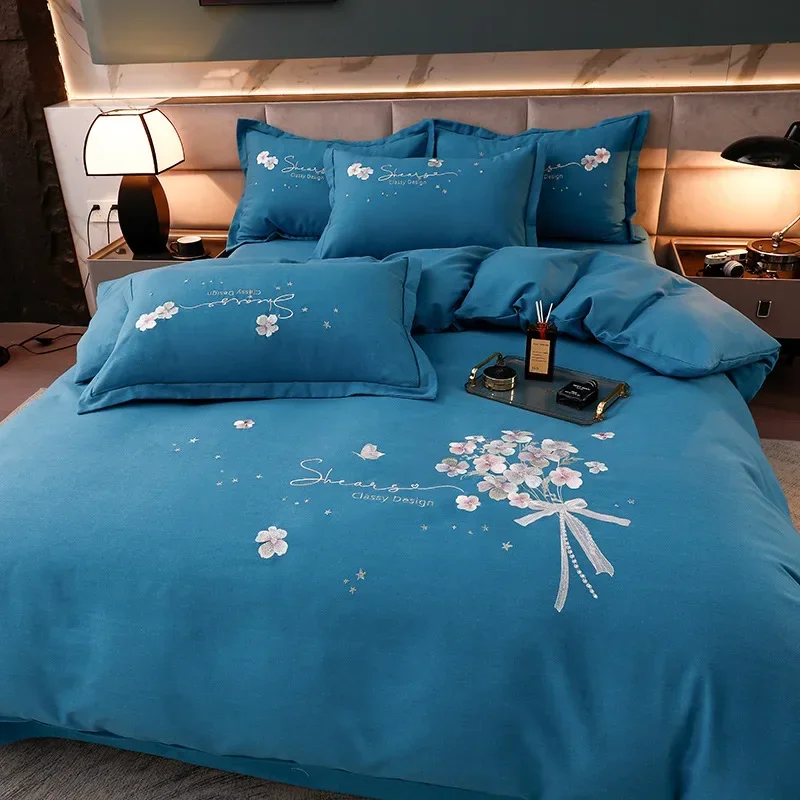 

New high-end embroidery, brushed cotton four piece set, thickened cotton, washed cotton bed sheet, duvet cover, bedding