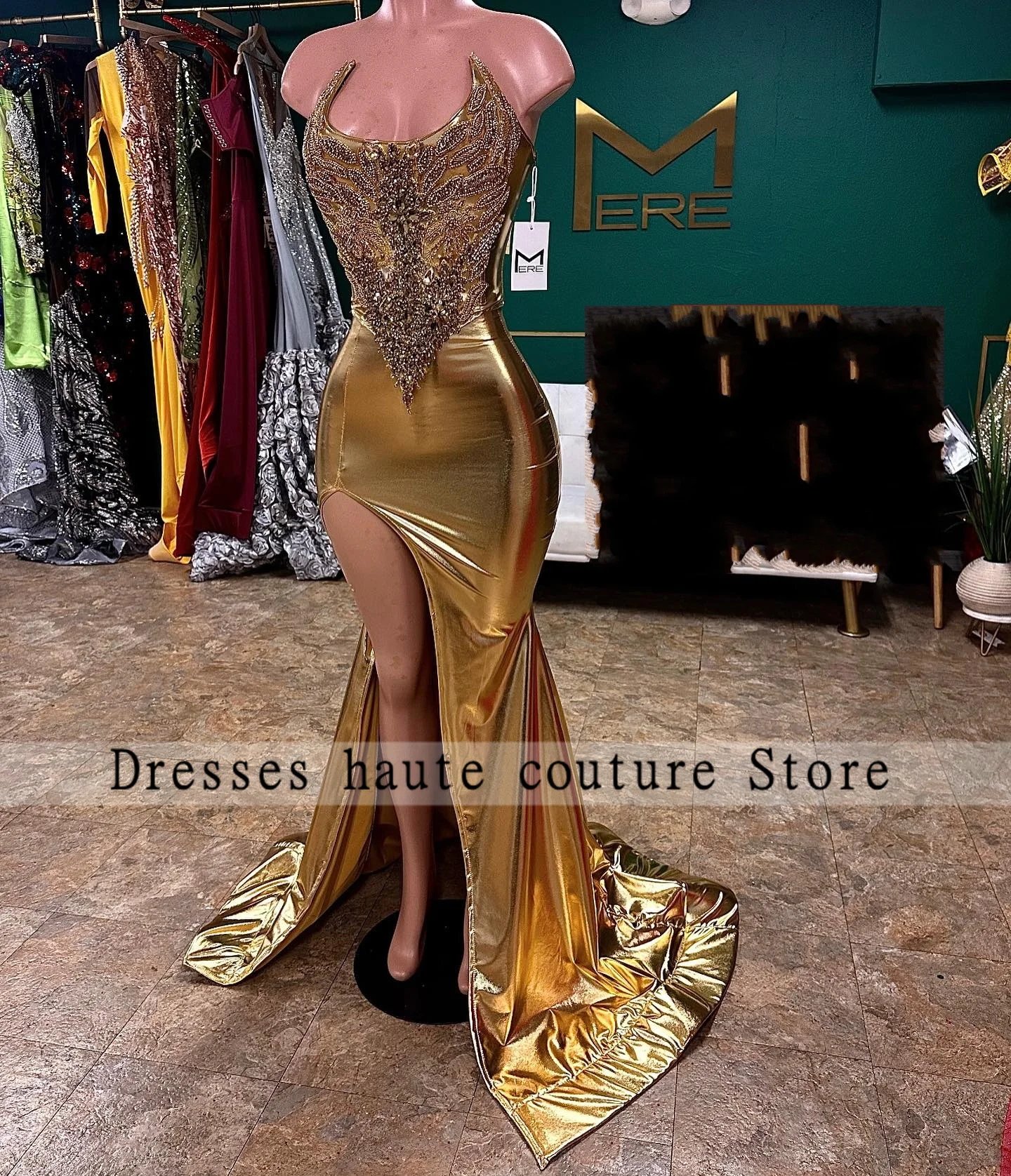 Gold Mermaid Prom Dresses For Black Girls 2025 Crystals Rhinestones Side Split Beading Evening Dress Birthday Gowns Customized