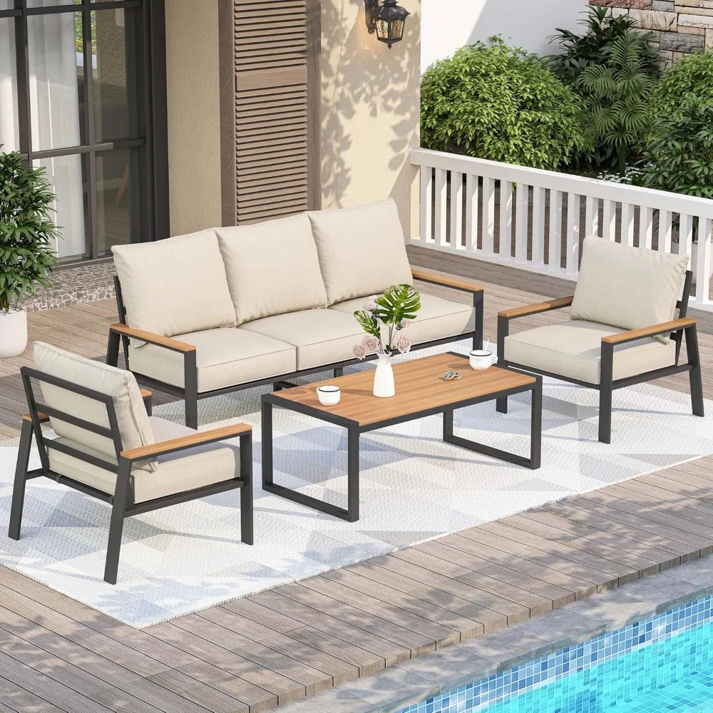 

Patio Furniture Set, 4 Pieces Outdoor Furniture Patio Conversation Set with High Back, Faux-Wood Armrest and Tabletop, Outdoor C
