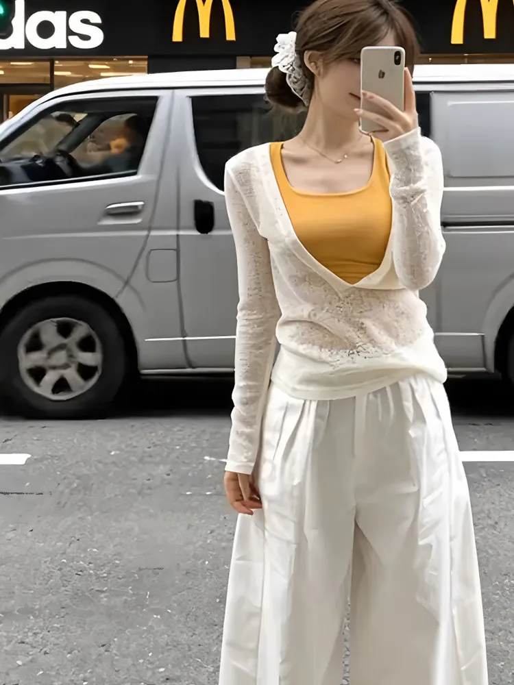 

Korean Textured V-Neck Long Sleeve T-Shirt Cover up Strap Two-Piece Set Women's Summer New Breathable Fashion Outfit