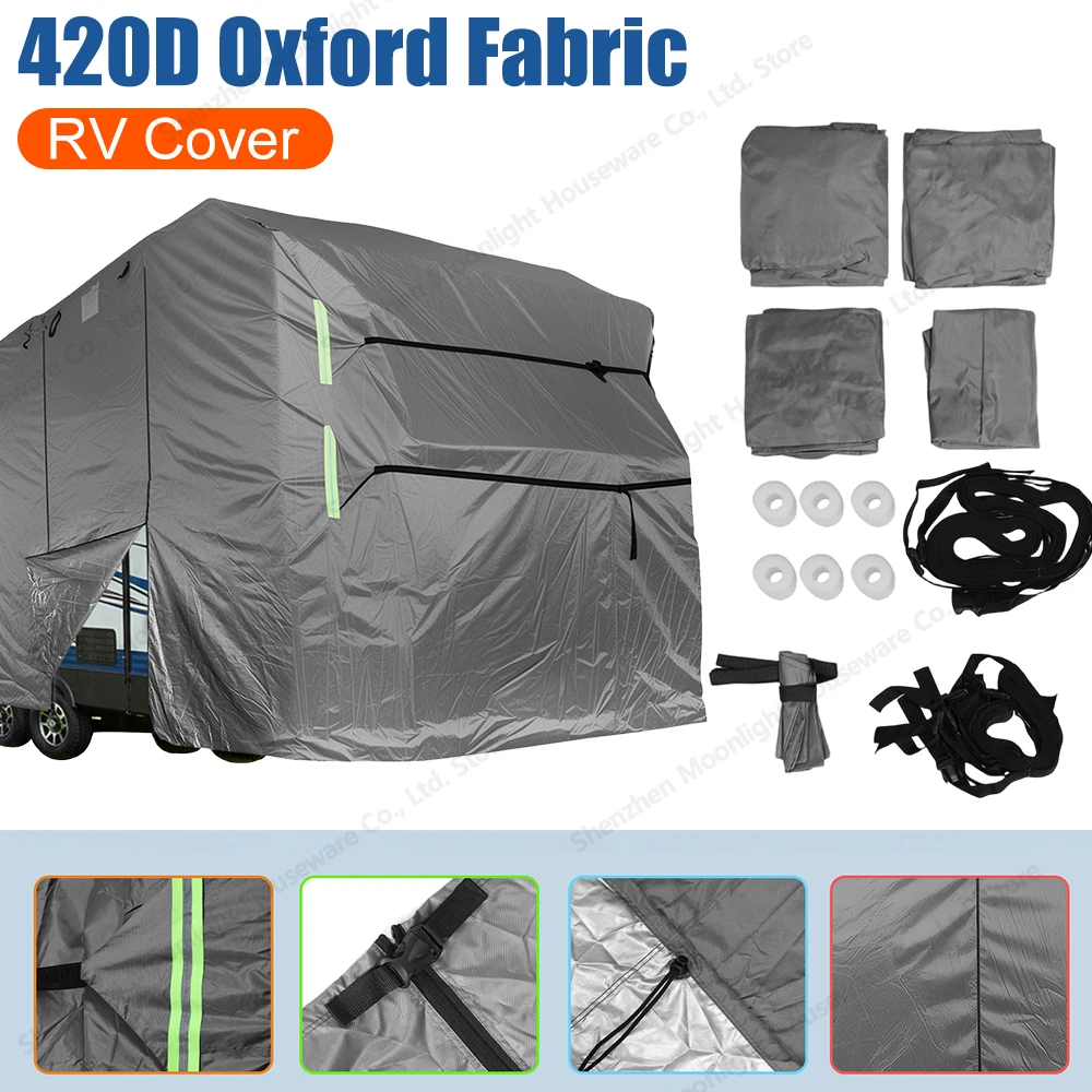 Travel Trailer RV Cover 420D Oxford Fabric Gutter Spout Covers Anti-UV Trailer Cover W/ Tire & Jack Covers Slide-in Camper Cover