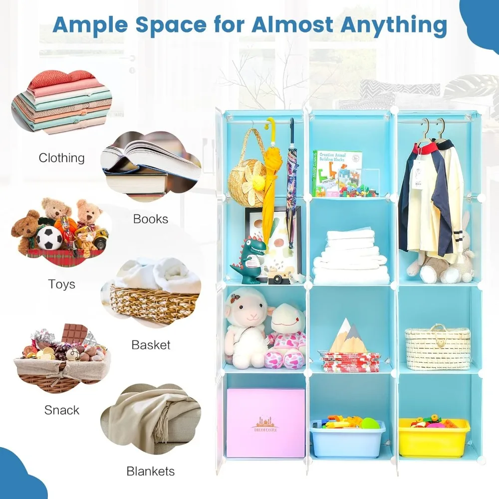 Kids Wardrobe with 12 Cubes and Hanging Sections, Portable Closet for Nursery Storage in Blue