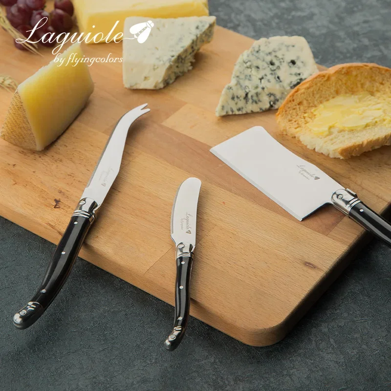 3pcs Laguiole Cheese Spreader Knives Set Black Plastic Handle Butter Knife Cake Bread Cutter in Wood Box Restaurant Cutlery Bar