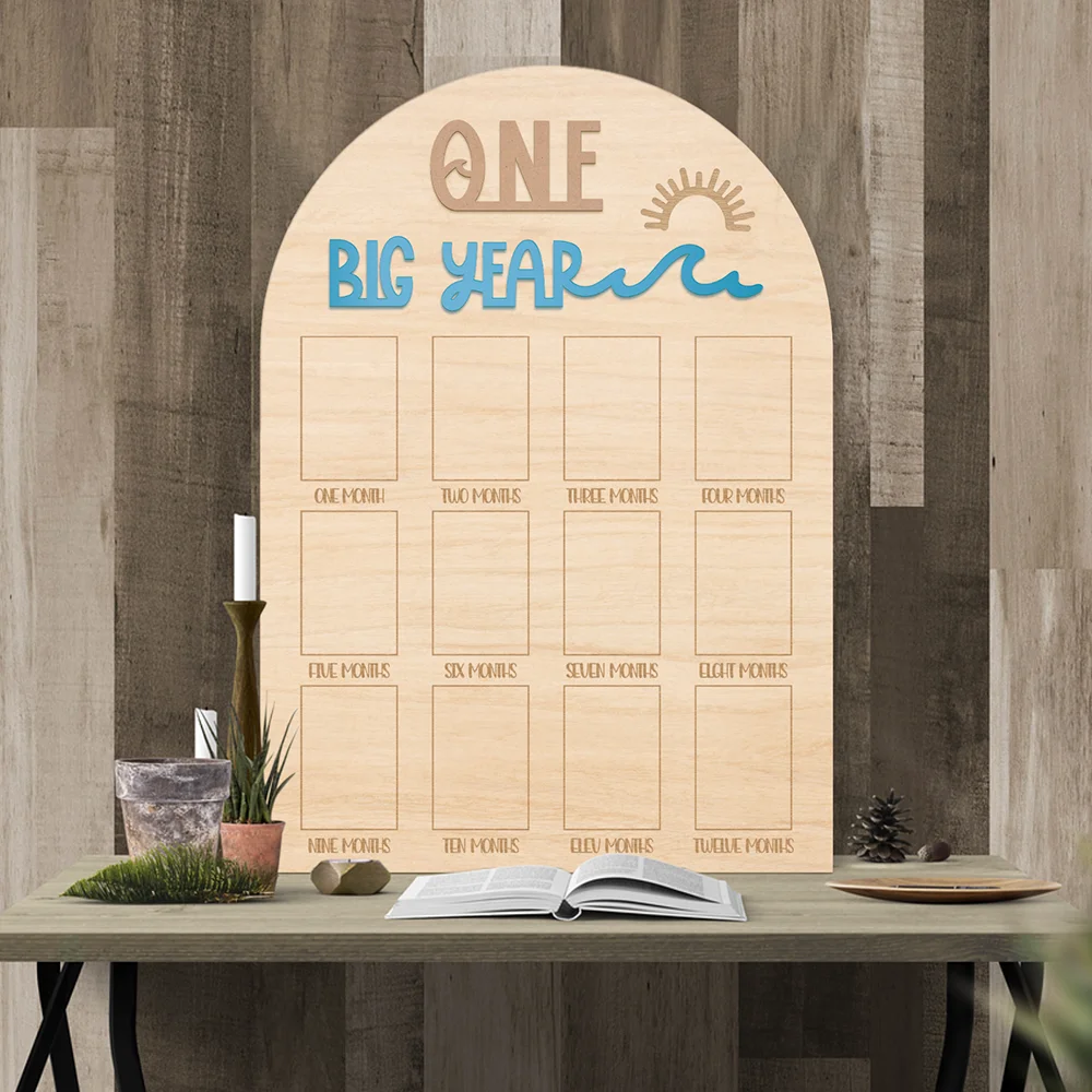 The Big One surf One Year Old Photo Board - My First Year Photo Display Wood Board, Wave Theme Monthly Milestone Photo Board