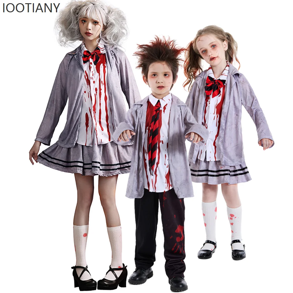 

IOOTIANY Halloween Horror Zombie Academy Gray Student Vampire Cosplay Stage Performance Zombie Costume Boys And Girls Uniforms