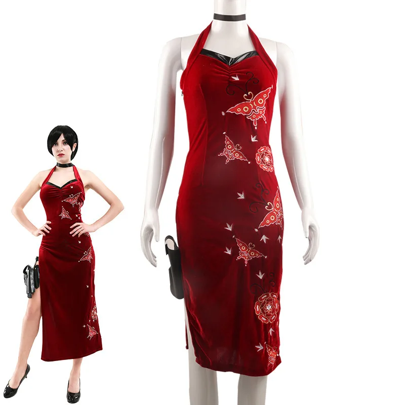 Game Anime Ada Wong Cosplay Costume Embroidered Plaid Style Red Dress Game Resident Halloween For Role Playing Costume Women