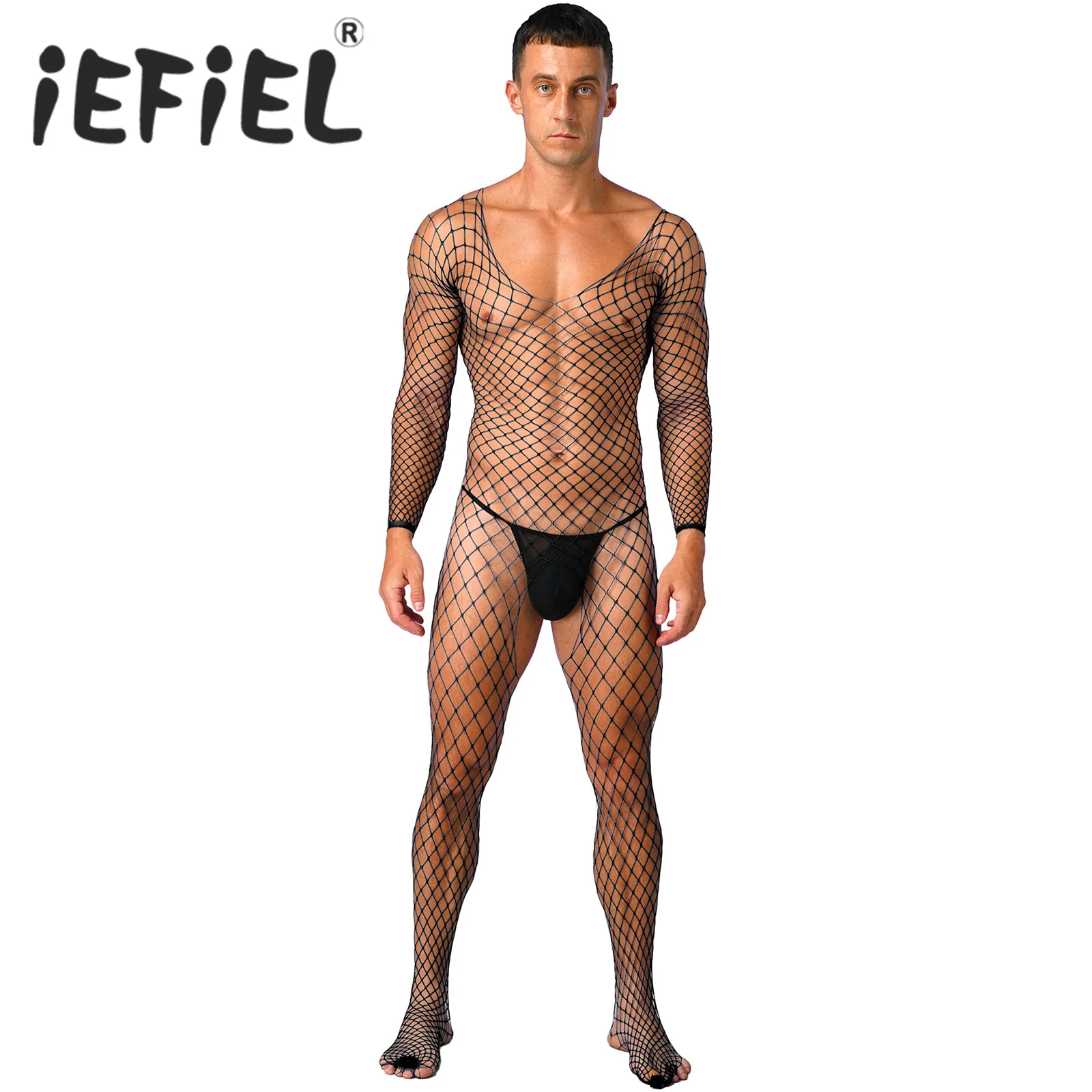 Mens Sexy Jumpsuit Long Sleeve Crotchless Bodystocking Stretchy Hollow Out Fishnet Bodysuit Mesh Lingerie Nightwear Sleepwear