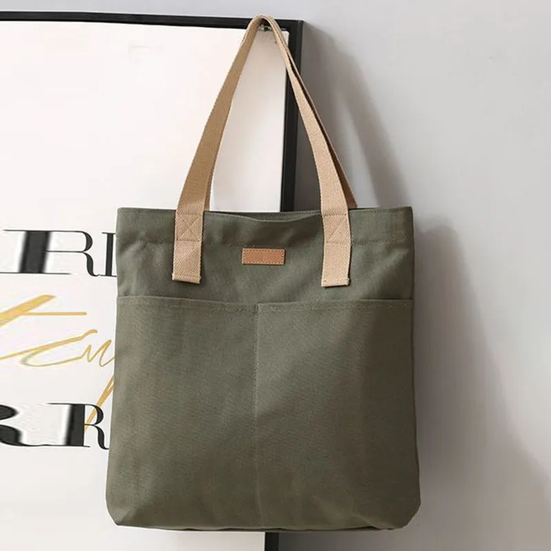 Women Canvas Tote Bag Solid Color Designer Ladies Casual Handbag Shoulder Bag Large Capacity Reusable Shopping Multi Pockets