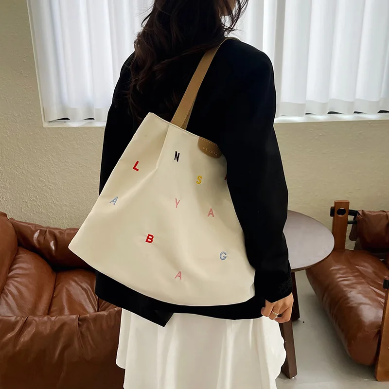 2026 New Large Capacity Canvas Handbag with Embroidered Letter Shoulder Bag, Multi functional Casual