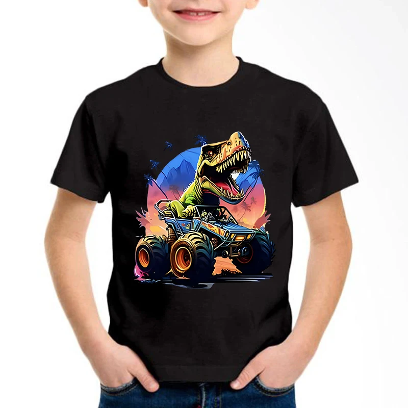 Funny Dinosaur with Car Design T-Shirt Printed T Shirt Boy Summer Clothes Short Sleeve Tops T-Shirts Cute Cartoon Clothing