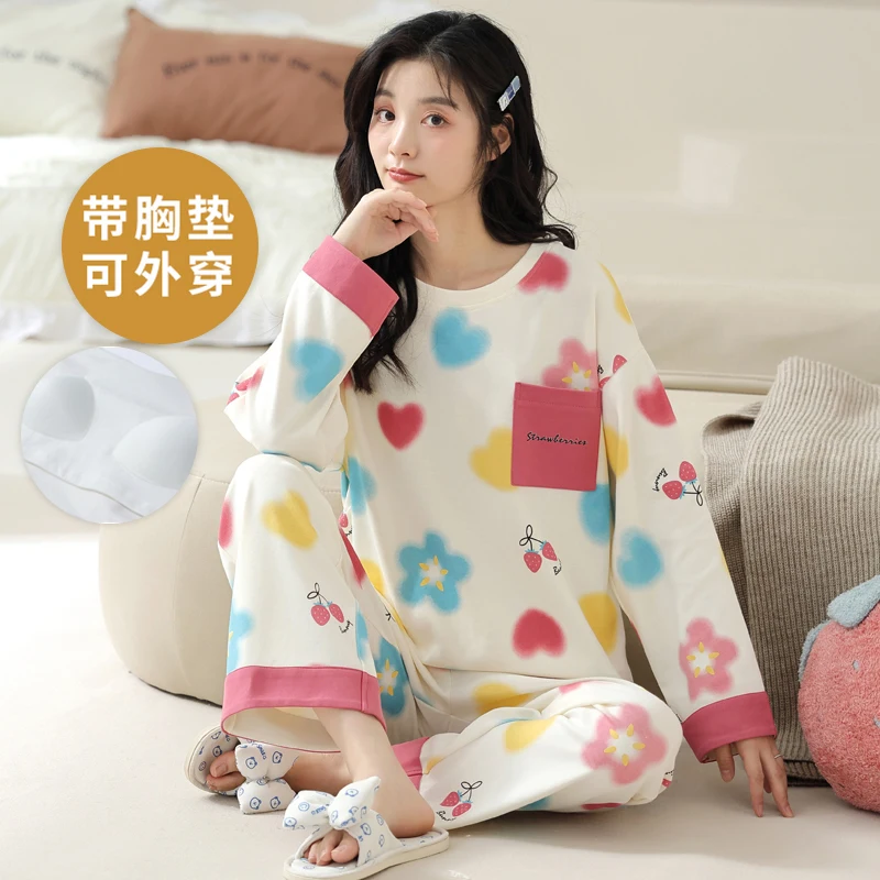 Spring and autumn long-sleeved plus-size pajama set women's Sleepwear with Bra pad Cotton loungewear Korean version Pijamas