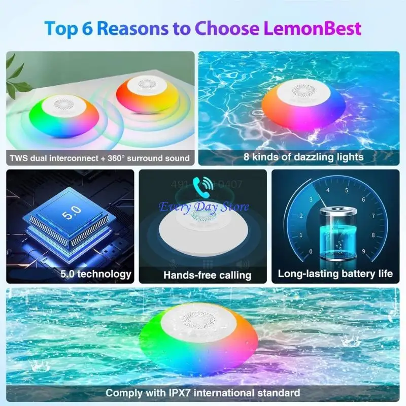N3UB Rechargeable LED Pool Speakers IPX7 Waterproof Floating Bluetooth-compatible Speaker For Beach Parties Swimming Pools
