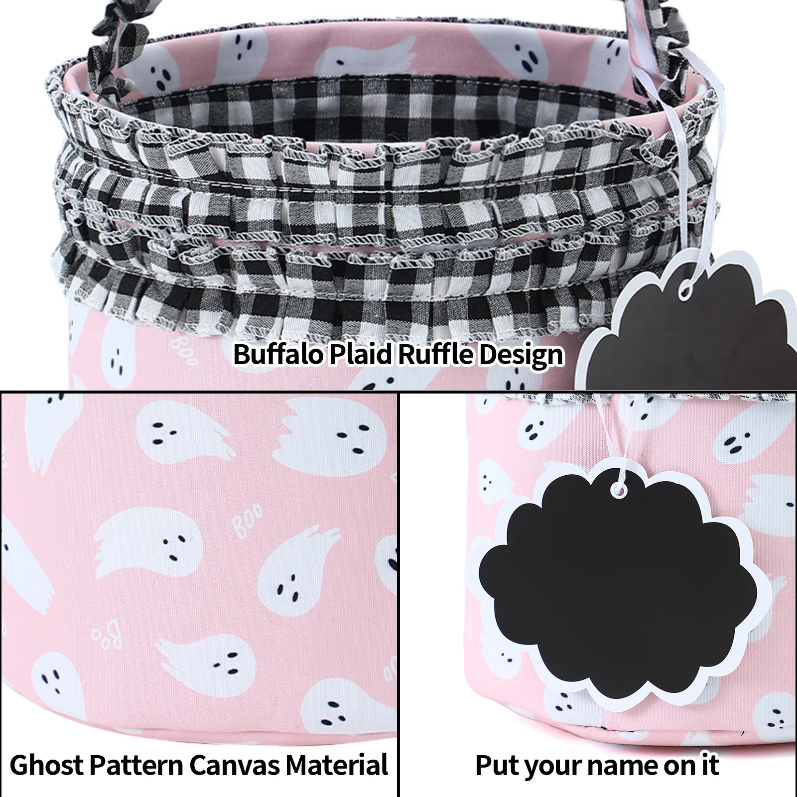 Ruffle Halloween Basket For Kids With Name Card Pink/Orange Reusable Canvas Candy Gift Bag Trick or Treat Bags view 2