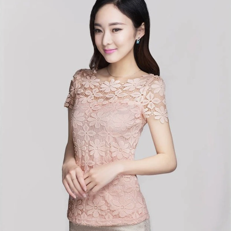 여름 여성 섹시 플로럴 레이스 슬림핏 셔츠 여성 우아한 캐주얼 반팔 티셔츠 탑