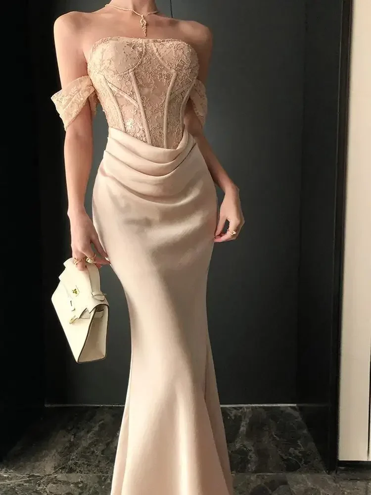 Satin Patchwork Elegant Trumpet Dress Women Off The Shoulder Vintage Clothing Lady Birthday Party Chic Vestidos Bodycon