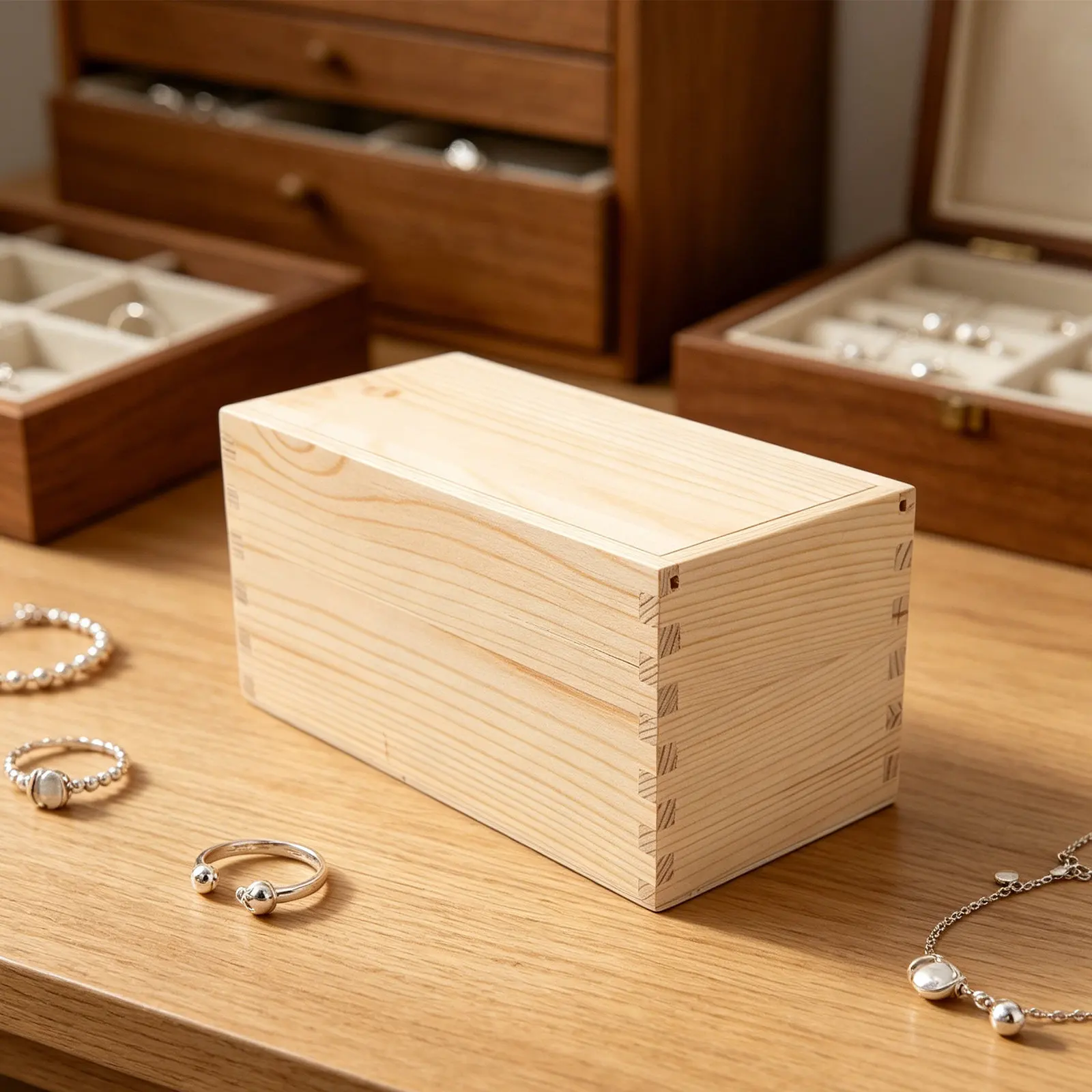 2Pcs Vintage Wooden Jewelry Box Small Pull Out Storage Case Slide Lid Keepsake Organizer Necklace Earring Holder Decorative