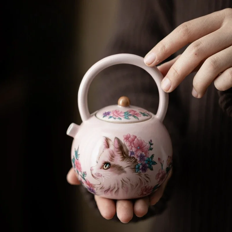1Pc Pink Ru Kiln Flower Cat Bamboo Beam Pot Large Capacity Brewing Teapot Open Film Raising Ceramic Teapot Kung Fu Tea Set Gifts