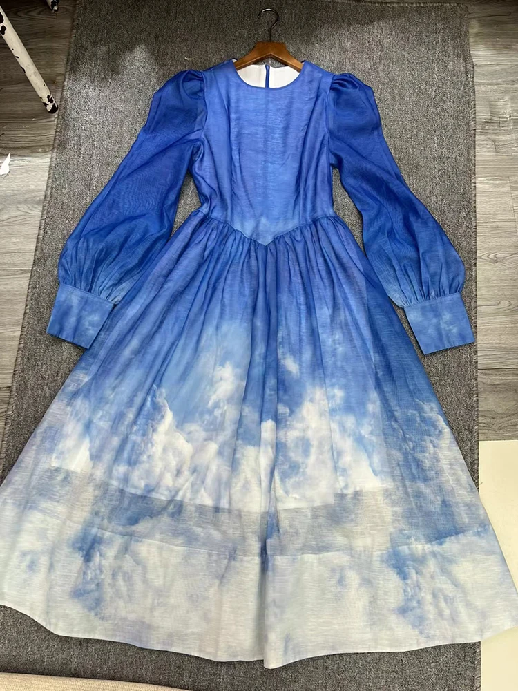 VGH Hit Color Chic Tie Dye Long Dresses For Women Round Neck Lantern Sleeve High Waist Elegant Dress Female Fashion Style New