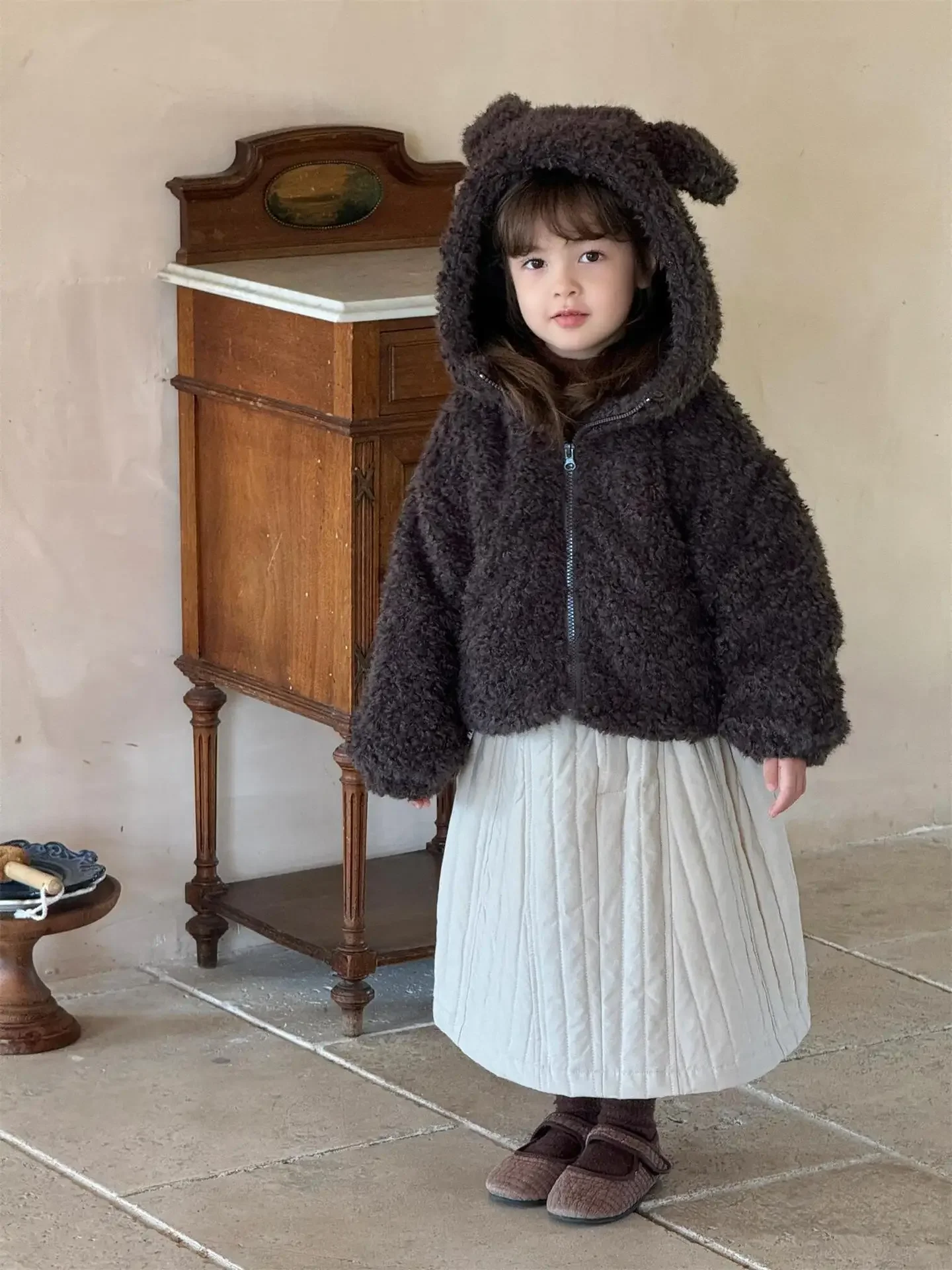 女の子のためのかわいい耳の短い毛皮のコート,子供服,綿,韓国スタイル,冬,新しい