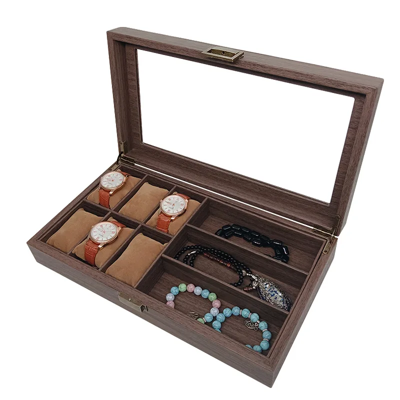 Retro version PU leather imitation wood grain 6-grid watch+3 glasses necklace jewelry storage collection display box large space
