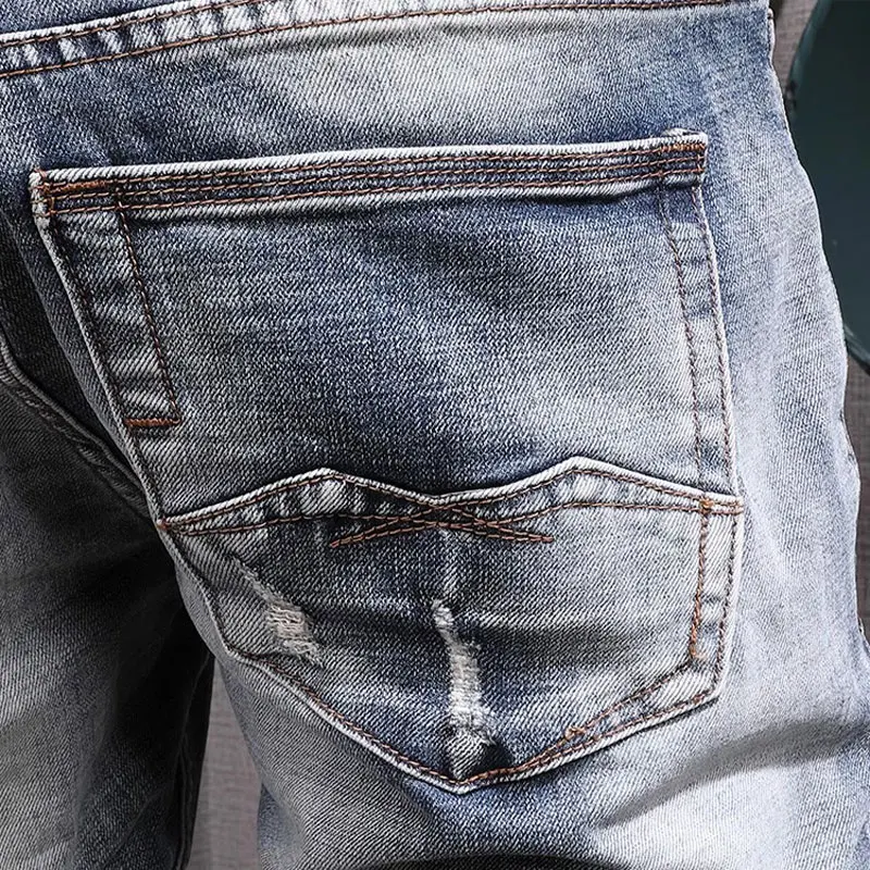 Fashion Designer Men Jeans High Quality Retro Washed Blue Stretch Slim Fit Ripped Jeans Men Trousers Vintage Denim Pants Hombre