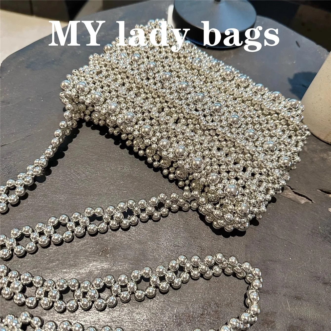 

Silver Beads Beaded Shoulder Crossbody Bag Beads Beading Handmade Women Handbag Female Mobile Phone Bag Lady Purse Casual Bag
