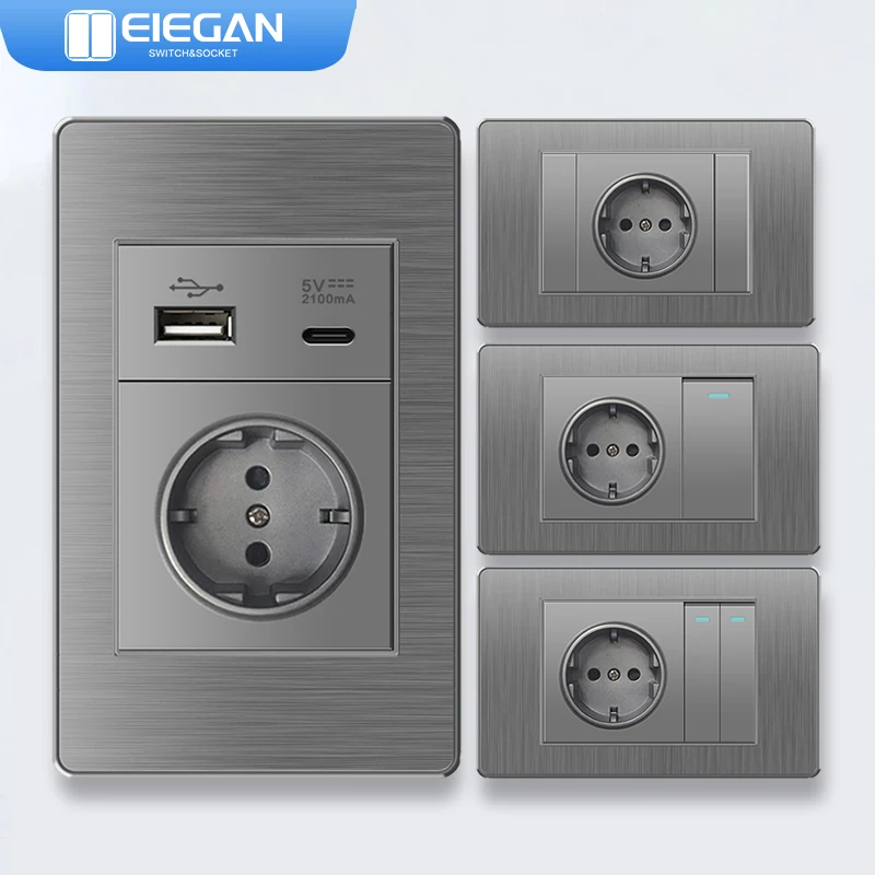 

ELEGAN Gery Italy Standard Outlet Wall Switch Drawing Panel Multifunctional Power USB Type-c Socket Combination 118*72mm Switch