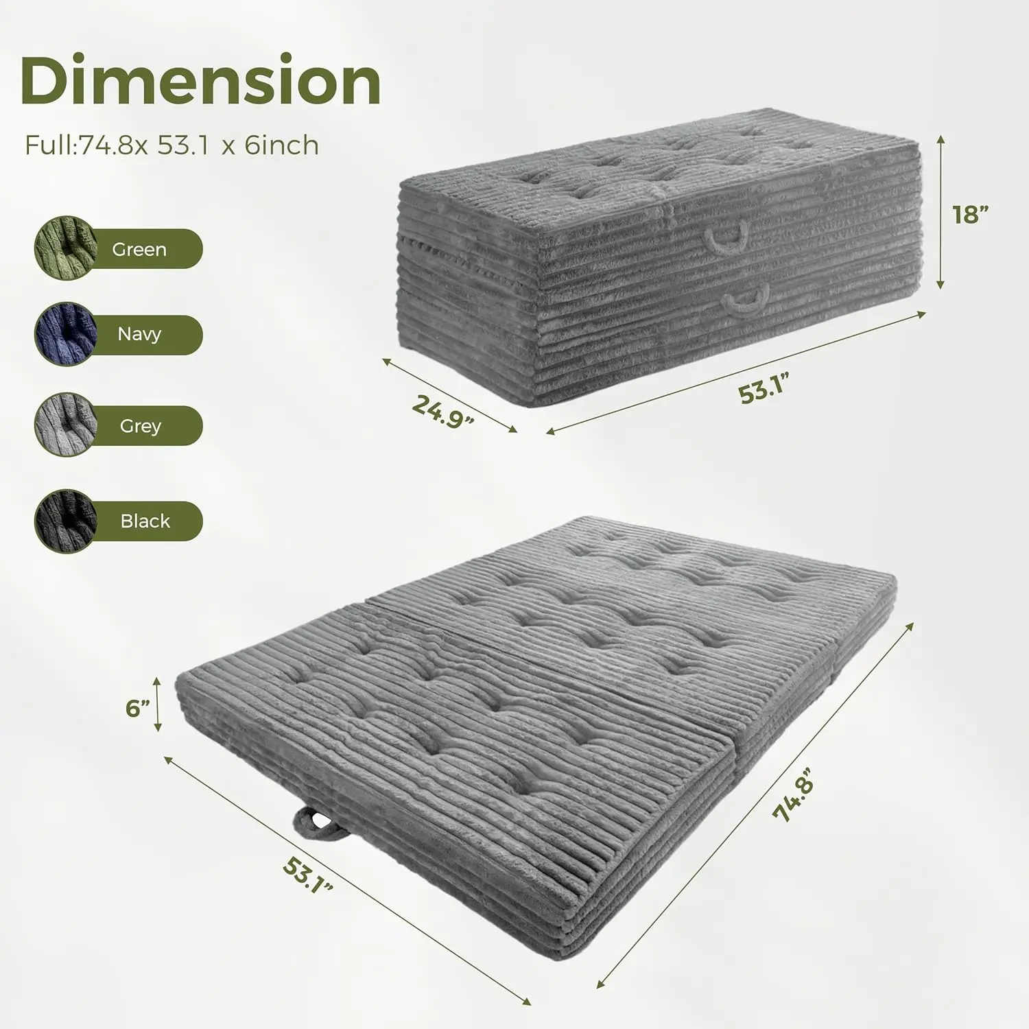 Portable 6-Inch Tri-Fold Mattress in Grey, Soft Faux Fur, Supportive Foam for Guest Sleeping