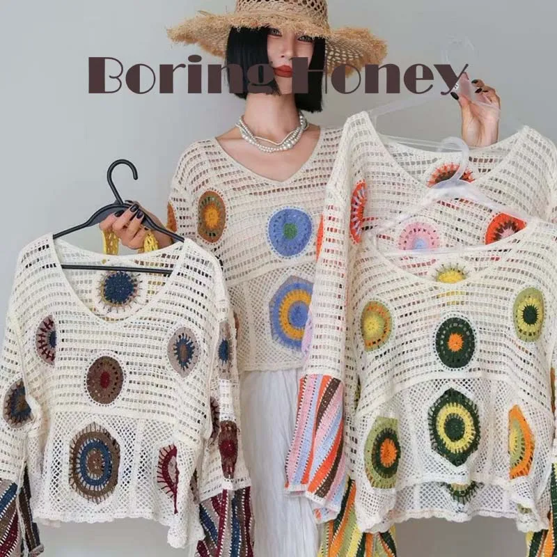 Boring Honey Autumn New Boho Retro Pullover Knit Top Hollow Out Crochet Color Block Tassel Sweater Vintage Knit Cardigan T-Shirt