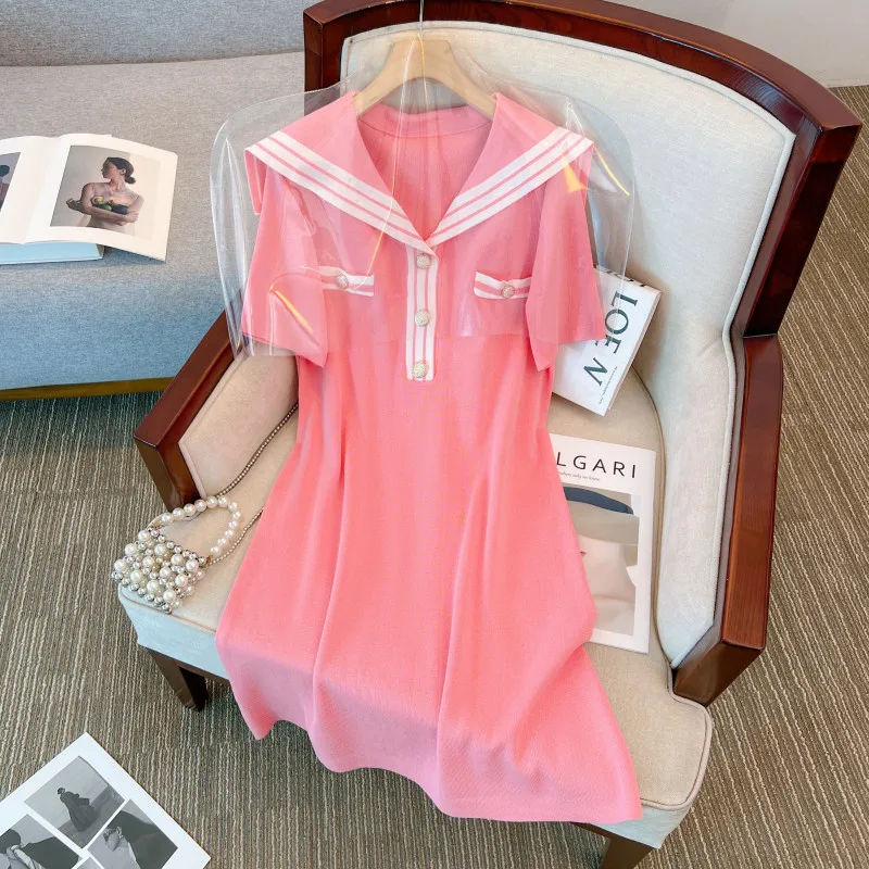 Stripe Knitted Dresses For Women Spring Summer Female Navy Collar Short Sleeve Large Size Elegant Mid-length Black Pink Vestido