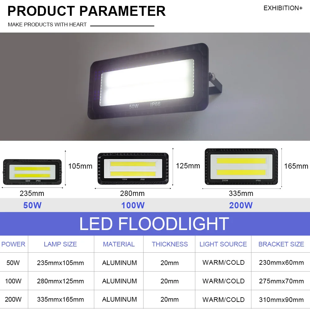 LED كشاف ضوء 100 واط 200 واط IP66 مقاوم للماء الإضاءة في الهواء الطلق حديقة إضاءة الشوارع COB الكاشف الأضواء الجدار LED الكاشف