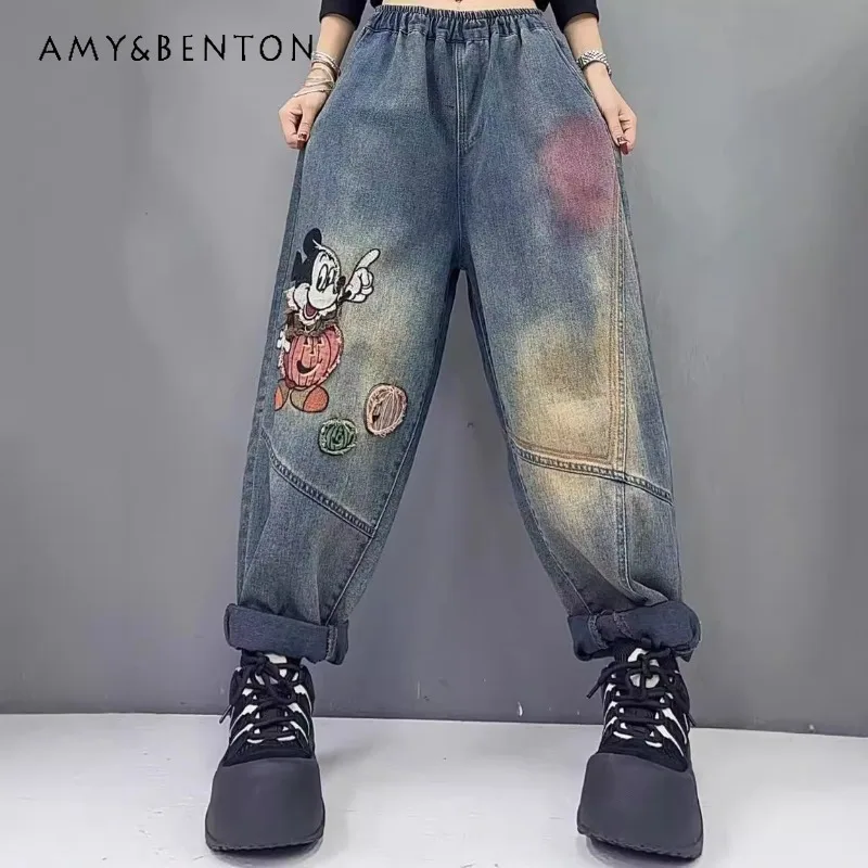 2024 Autumn New Denim Pants Irregular Cotton Patch Cartoon Loose And Thin Pants Casual Retro Women's BF Style Jeans Y2k Clothes